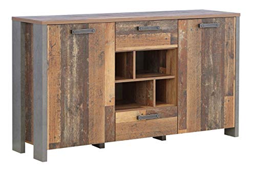 FORTE Clif Kommode mit 2 Türen und 2 Schubkästen, Holzwerkstoff, Old – Wood Vintage/ Betonoptik Dunkelgrau, 156,4 x 86,3 x 41,6 cm