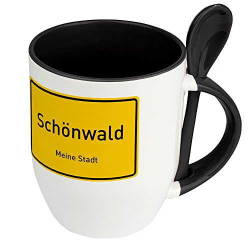 Städtetasse Schönwald - Löffel-Tasse mit Motiv Ortsschild - Becher, Kaffeetasse, Kaffeebecher, Mug - Schwarz