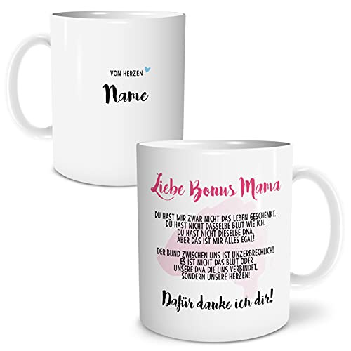 Danke Bonus Mama Große Kaffee-Tasse mit Spruch im Geschenkkarton Stiefmutter Personalisiert mit Namen Geschenke Geschenkideen für die Bonusmama Stiefmama zum Geburtstag