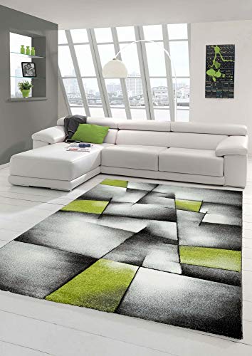 Teppich-Traum Designer Teppich Moderner Teppich Wohnzimmer Teppich Kurzflor Teppich mit Konturenschnitt Karo Muster Grün Grau Weiß Schwarz Größe 160x230 cm