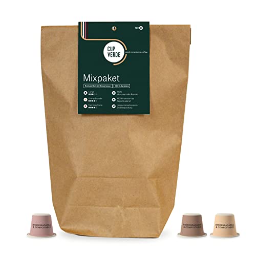 CUP VERDE – Mixpaket 100 nachhaltige Kaffeekapseln Nespresso* kompatibel. Biologisch abbaubar – fair gehandelt - schonend geröstet, kräftiger Geschmack - wenig Verpackung. Crema / Lungo / Espresso