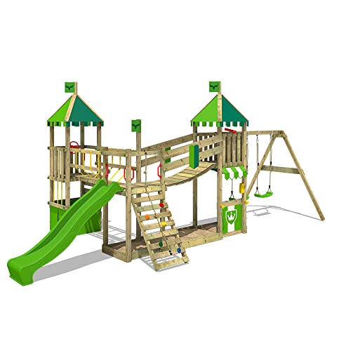 FATMOOSE Spielturm Klettergerüst CosyCastle mit Schaukel & apfelgrüner Rutsche, Spielhaus mit Sandkasten, Wackelbrücke & Spiel-Zubehör