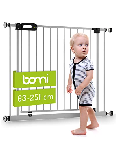 BOMI Baby Schutzgitter Treppe 63-251 | Ohne Bohren | 90° Stop | Schließt automatisch | Gittertür aus Metall Weiss | Stabile Baby Schutzgitter Tür für Kindersicherheit | Treppen Türgitter