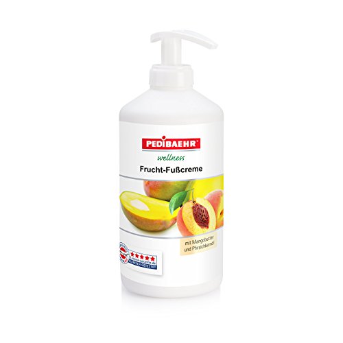 Fußbalsam, Frucht Fußcreme mit Mangobutter und Pfirsichkernöl Fusspflege für jeden Hauttyp, PediBaehr, 500 ml mit Spender