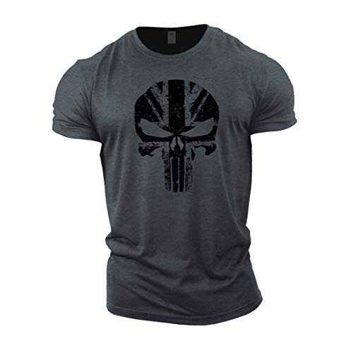 Gymtier, Bodybuilding-T-Shirt für Herren – Schädel mit UK-Flagge – Trainings-Top Gr. XL, grau