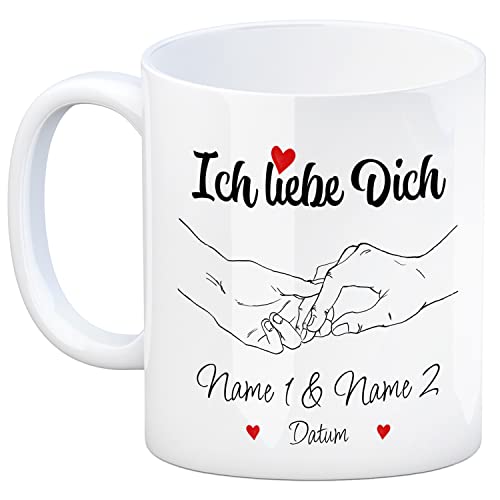 Kaffeebecher - personalisierte Tasse mit euren Namen und Datum - Herzen und zwei Händen als liebevolles Geschenk zum Valentinstag für den Partner oder die Partnerin um die Liebe zu zeigen Jahrestag