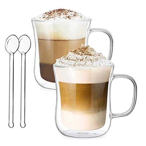 Joeyan 250ml Glastasse Doppelwandig mit Löffel - 2er Set Teegläser Kaffeegläser Doppelwandig mit Henkel - Doppelwandige Gläser für Kaltes und Heißes Getränk
