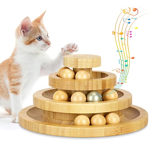 Tarnel Katzenspielzeug Selbstbeschäftigung, katzenspielzeug Intelligenz aus Holz DREI Etagen drehbar Smart Track Ball Schaukelrolle für Katzen mit Glocke, Abnehmbare Schiene