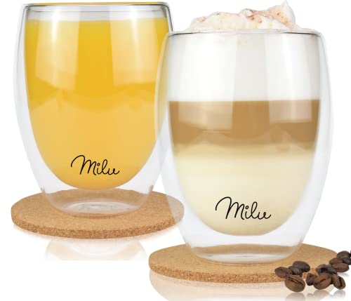 Milu Thermogläser Set – 4 vers. Größen - Doppelwandige Espresso Gläser - Kaffeegläser, Latte Macchiato, Cappuccino Glas - Isolierglas, spülmaschinenfest (2 Gläser, 350ml)