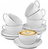 Cappuccino Tassen 6er Set aus Keramik Weiß - Mit Untertassen - Hält Lange warm - Spülmaschinenfest - 180ml