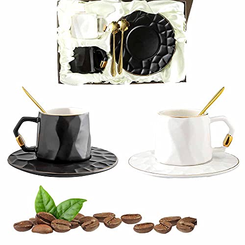 Watenkliy Klein Kaffeetassen mit Untertassen und Löffeln, 6-teilig Porzellan 180ml Gold Rand Tee Tassen für Kaffee, Eiskaffee, Espresso,Tee (schwarz+Weiss)