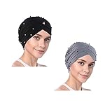 YOFASEN Slouchy Beanie Mütze - Frauen Muslimische Mütze Beanie Turban Kopf Rüschen Perlen Chemo Kappen Einwickeln für Haarausfall(2er Pack), grau + Marineblau, One Size