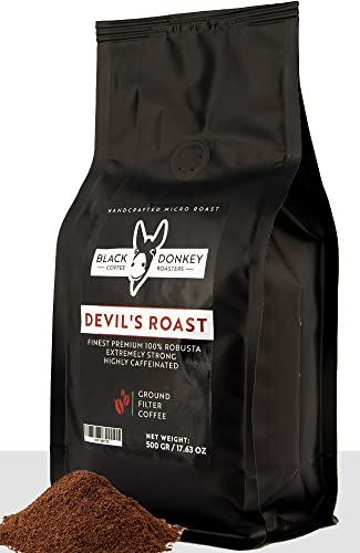 DEVIL'S ROAST 🔱 500g Gemahlener Röstkaffee 🔱 Extrem Starker Kaffee 🔱 Stark Koffeinhaltiger Kaffee 🔱 Premium Robusta von Black Donkey Coffee Roasters