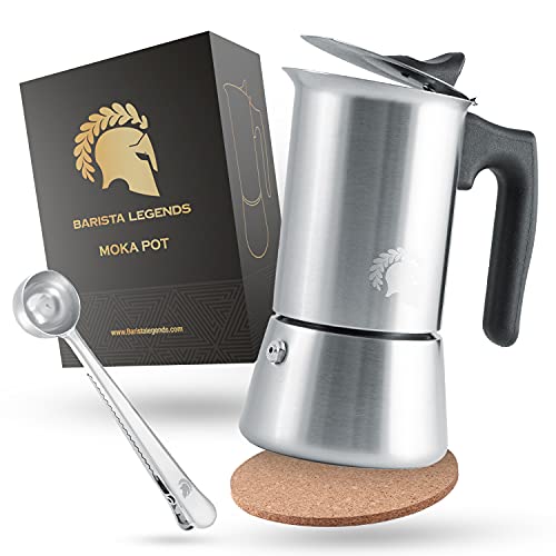 Barista Legends® Espressokocher Induktion geeignet - 200ml (4 Tassen) Kaffeekocher Edelstahl für den Herd oder fürs Camping - Kochen Sie leckeren Espresso mit unserer Mokkakanne inkl. Outdoor Set!