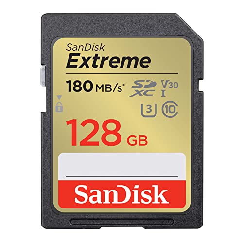 SanDisk Extreme SDXC UHS-I Speicherkarte 128 GB (V30, 180 MB/s Übertragung, U3, 4K UHD Videos, SanDisk QuickFlow-Technologie, wasserdicht, stoßfest, temperaturbeständig)