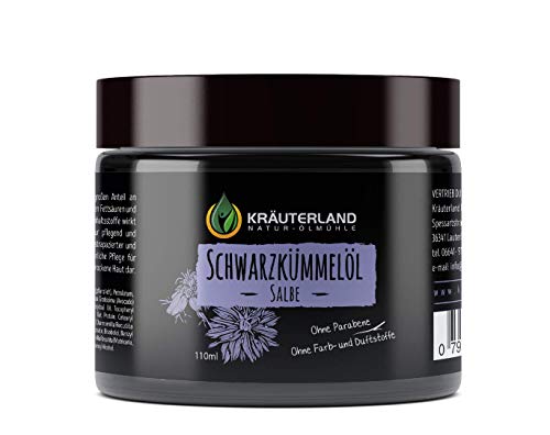 Kräuterland Schwarzkümmelöl Salbe 110ml - Schwarzkümmelöl Creme für trockene und spröde Haut - kaltgepresst in Premium Qualität