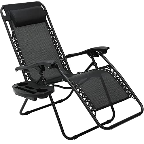 LIFERUN Sonnenliege Set, klappbar Liegestuhl mit verstellbarem Kopfpolster & Rückenlehne, Relaxliege für Mittagspause mit Getränkehalter, ergonomisch und atmungsaktiv, Schwarz