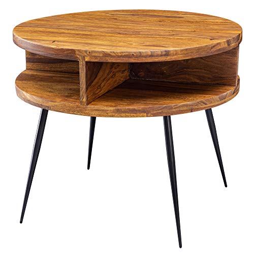FineBuy Couchtisch Sheesham Massivholz/Metall 60x45x60 cm Tisch Wohnzimmer | Design Beistelltisch mit Ablage | Kleiner Wohnzimmertisch Rund Braun