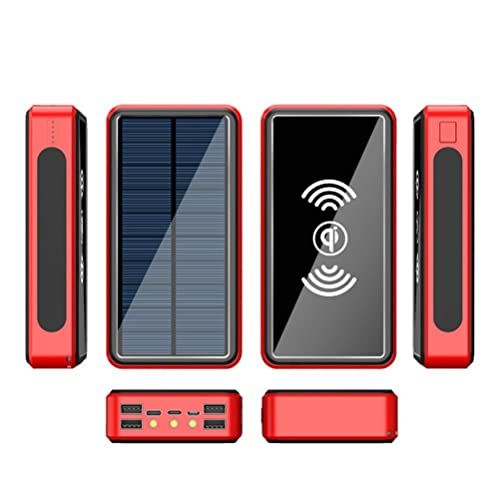 Wireless Solar Powerbank 50,000mAh Charger Solar Ladegerät mit 4 Ausgängen und LED-Lampe, Externer Akku für Smartphones, Tablets. (Red - 50000mAh)