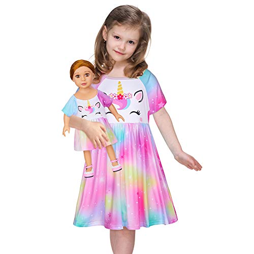 Beinou Nachthemd Mädchen Schlafanzug Kurzarm Kleider Puppe und Mädchen Passendes Nachthemden Einhorn Nachtwäsche
