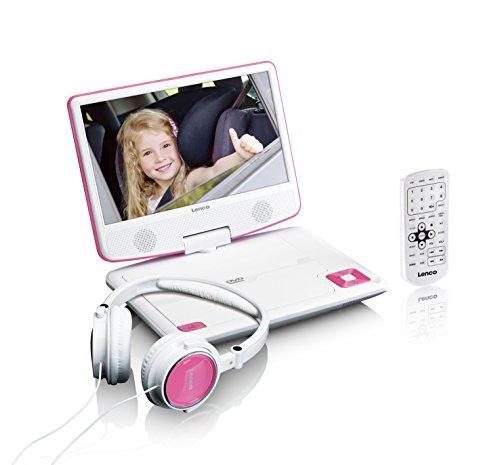 Lenco tragbarer DVD-Player DVP-910 9 Zoll (22,5 cm) mit drehbarem Display und Integriertem Akku (USB, AV-Ausgang), Netzadapter, Kopfhörer, Pink
