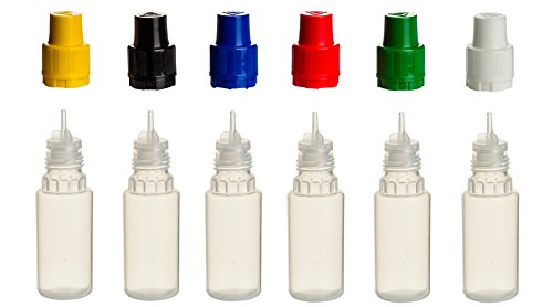 6 Stück 10 ml PP-Flaschen MIT FARBIGEN DECKELN + Füll-Trichter - Quetschflasche Leerflasche Kunststofflasche Plastikflasche Spritzflasche quetschbar zum befüllen und mischen auch Liquide