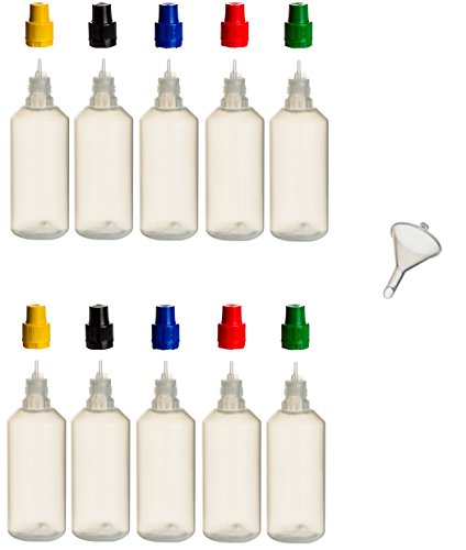 10 Stück 100 ml PP-Flaschen MIT FARBIGEN DECKELN + Füll-Trichter - Quetschflasche Leerflasche Kunststofflasche Plastikflasche Spritzflasche quetschbar zum befüllen und mischen auch Liquide
