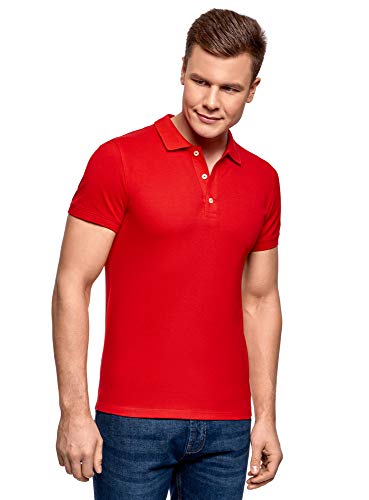 oodji Ultra Herren Pique-Poloshirt, Rot, Medium