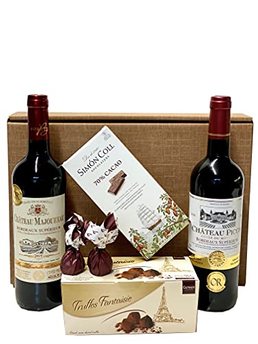 Geschenkset französische Genüsse | 2 x französischer Rotwein (Bordeaux) trocken | Schokoladen-Trüffel | Zartbitterschokolade | 2 x Feigen in Schokolade