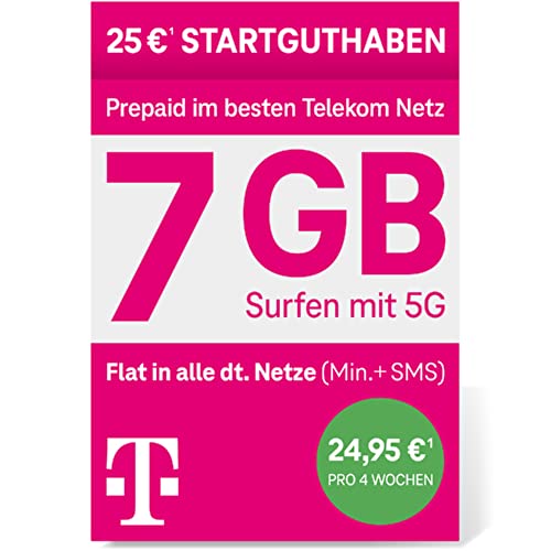 Telekom MagentaMobil Prepaid XL SIM-Karte ohne Vertragsbindung I inkl. 7 GB & Allnet Flat (Min, SMS) in alle dt. Netze, mit EU-Roaming I Surfen mit 5G Max & Hotspot Flat I inkl. 25 EUR Startguthaben