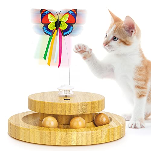 Rarxix 2 In 1 Katzenspielzeug, Katzenspielzeug Selbstbeschäftigung, Automatischer Rotation Schmetterling Intelligenz , Interaktives Katzenspielzeug aus Holz Ball Schaukelrolle