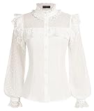SCARLET DARKNESS Damen Viktorianische Bluse Langarm Mesh Patchwork Tunika Elegant Spitzen Trachtenbluse Weiß L