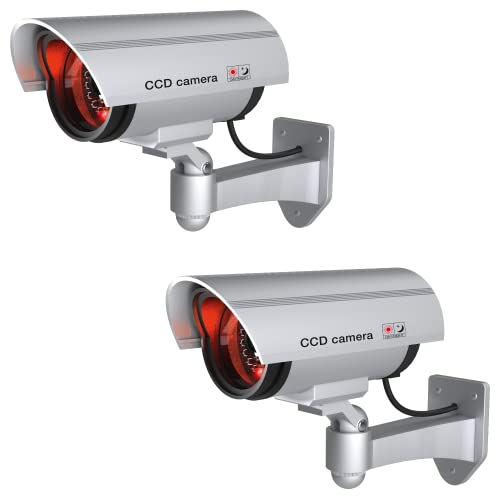 BASI | 2er Set Kamera-Attrappe mit blinkendem LED-Licht | Dummy Kamera | Sicherheitskamera | Überwachungskamera für den Innen- und Außenbereich | Wandhalterung | drahtlos, Silber | CCTV | 2 Stück