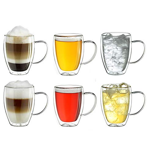 Creano doppelwandiges Thermoglas mit Henkel 250ml, großes Doppelwandglas aus Borosilikatglas, Kaffeegläser, Teegläser, 6er Set