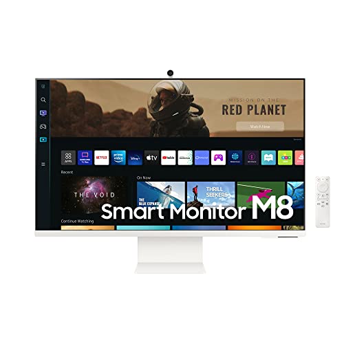 Samsung M8 Smart Monitor S32BM801UU, 32 Zoll, VA-Panel, Bildschirm mit Lautsprechern, 4K UHD-Auflösung, Bildwiederholrate 60 Hz, 3-seitig fast rahmenloses Design, inkl. Fernbedienung und Webcam, Weiß