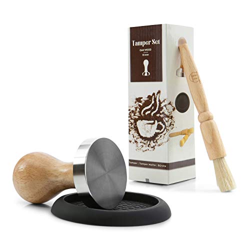 Tamper 51mm Set - Barista Kaffee Set, inkl. Silikonmatte und gratis Siebträger Pinsel - Premium Set aus hochwertigem Eichenholz und reinem Edelstahl