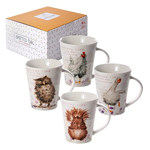 SPOTTED DOG GIFT COMPANY - Kaffeetassen mit schönen Tier-Motiven - Kaffeebecher aus Keramik - mit Eulen-, Eichhörnchen-, Gans- und Hühner-Motiven - Geschenk für Tierliebhaber - 4er-Set