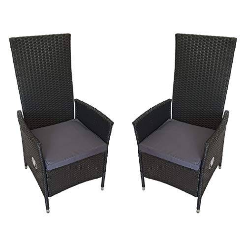 KMH 2er SetPolyrattan Hochlehner Stuhl der Serie TJORBEN inklusive Sitzkissen - stufenlos verstellbare Rückenlehne - Loungesessel mit schwarzem Polyrattan 4 String - und schwarzem Kissen Gartenmöbel