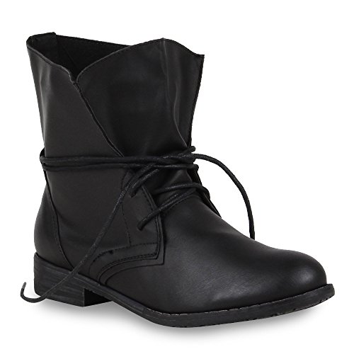 Trendy Damen Schuhe Stiefeletten Blockabsatz Leder-Optik 44438 Schwarz Schwarz 38 Flandell