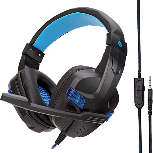 HaiQianXin Kabelgebundenes Noise Cancelling Super Bass 3,5 mm Kopfhörer Gaming Einstellbares Headset mit Mikrofon für Spiele PS4 (Color : Lack+Blue with LED)