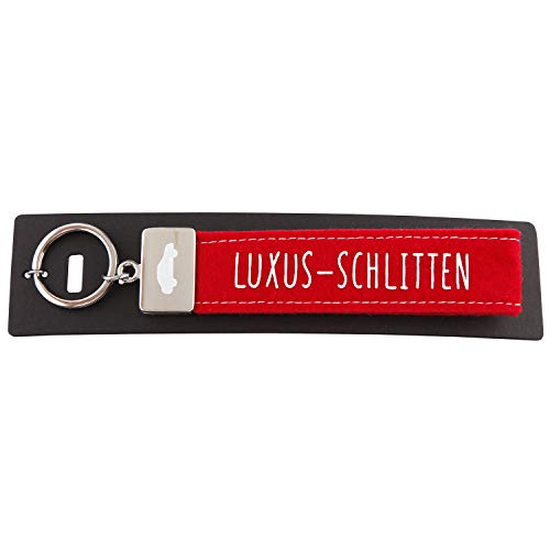 Depesche 4298-023 Schlaufen Schlüsselanhänger aus Filz, mit graviertem Metallabschluss und kultigem Aufdruck, Luxus-Schlitten, rot, ca. 18,7 x 4,4 x 1 cm