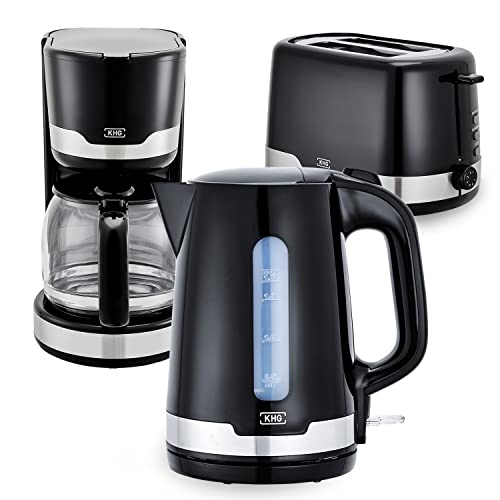 KHG Frühstücksset Wasserkocher Toaster Kaffeemaschine 3-teilig | 2.200-850 - & 1.000 Watt | Küchenset mit Kapazität 1,7 Liter Kochwasser, 2 Scheiben Toast & für 12 Tassen Kaffee – SCHWARZ