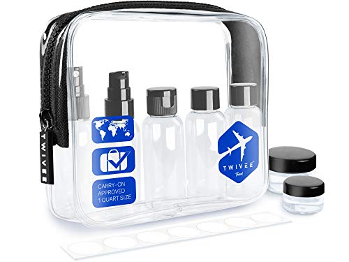 TWIVEE - Transparenter Kulturbeutel mit Reiseflaschenset - 1 Liter - Kulturtasche zum Transport von Flüssigkeiten im Handgepäck