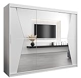 Kryspol Schwebetürenschrank Maroko 250cm mit Spiegel Kleiderschrank mit Kleiderstange und Einlegeboden Schlafzimmer- Wohnzimmerschrank Schiebetüren Modern Design (Weiß)