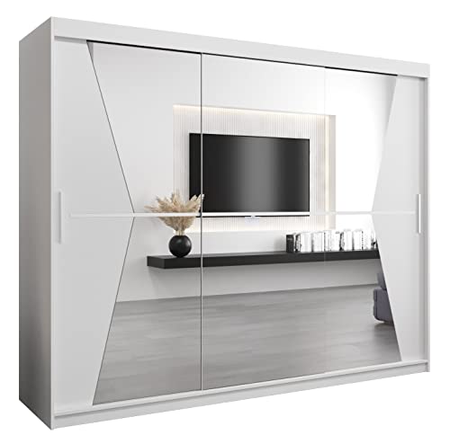 Kryspol Schwebetürenschrank Maroko 250cm mit Spiegel Kleiderschrank mit Kleiderstange und Einlegeboden Schlafzimmer- Wohnzimmerschrank Schiebetüren Modern Design (Weiß)