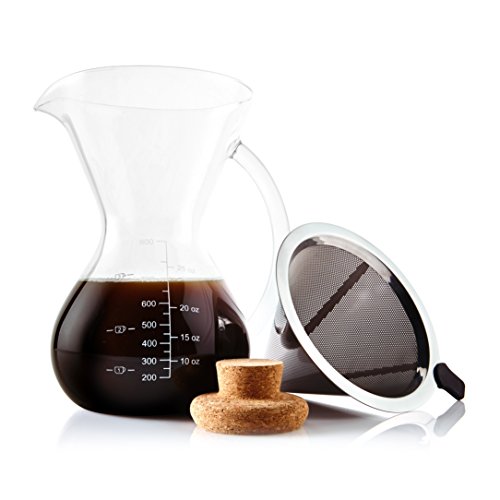SultryBrew Pour Over Kaffeebereiter inkl. Kaffeeschaufel und Korkdeckel von Apace Living – Eleganter Handfilter für Filterkaffee mit Glaskaraffe & Permanentfilter aus Edelstahl (800 ML)