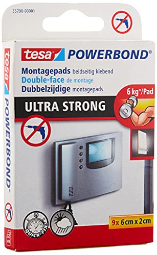tesa Powerbond Ultra Strong Klebepads / Doppelseitige Pads für die Montage im Innen- sowie geschützten Außenbereich - beidseitig ultrastark klebend / Verpackung mit 9 Pads