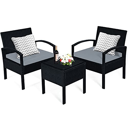COSTWAY 3-TLG. Polyrattan Lounge Set, Gartenmöbel Rattan Sitzgruppe mit Sitzkissen & Couchtisch, Rattantisch und Stühle, Gartenset Balkon Möbel-Set für In-& Outdoor, schwarz
