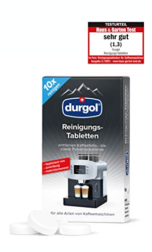 durgol Reinigungs-Tabletten – Reinigt, schützt und pflegt Kaffeemaschinen aller Typen und Marken – Biologisch abbaubar – Deutsche Version – 1 x 10 Tabletten