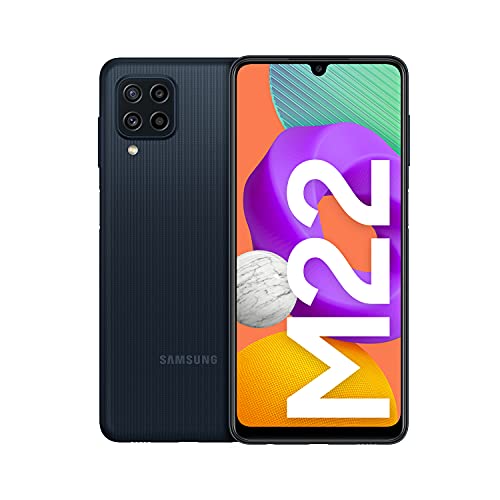 Samsung Galaxy M22 Android Smartphone ohne Vertrag, 4 Kameras, großer 5.000 mAh Akku, 6,4-Zoll großer Infinity-U-Display, 128 GB/4 GB RAM, Handy in Schwarz, deutsche Version – Deutschland